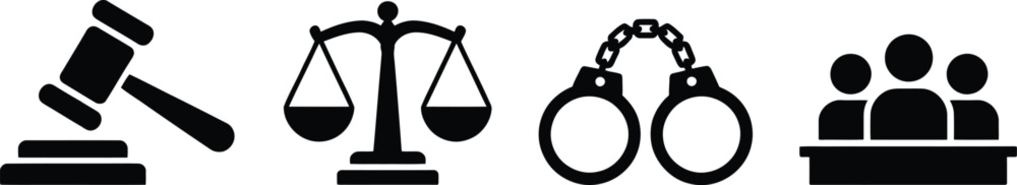 Justice, and law icon set, gavel scales of justice and handcuff symbols for legal system courtroom rights and law enforcement