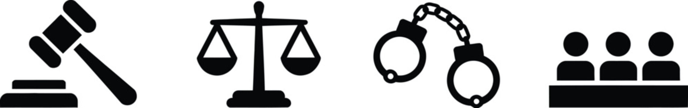 Law, icon set, justice scales gavel and handcuff symbols for attorneys courts legal protection rights and professional services