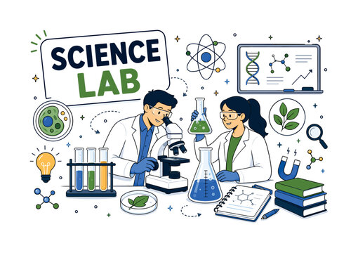 Science Research Lab banner with clean editorial composition showing two researchers beside an oversized microscope and large chemistry flask, physics orbit, biology leaf cell, lab notebook, education