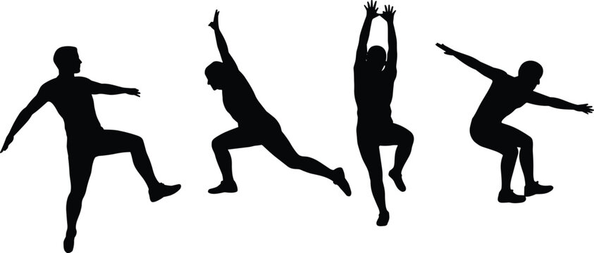 Silhouette collection of people stretching and doing balance exercises, active athletic figures training, fitness lifestyle concept, graphic illustration