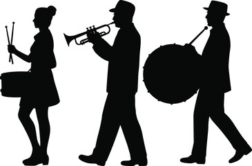 Silhouette of marching band musicians playing trumpet, snare drum, and big bass drum, musical parade entertainment concept, illustration © MstAfchana