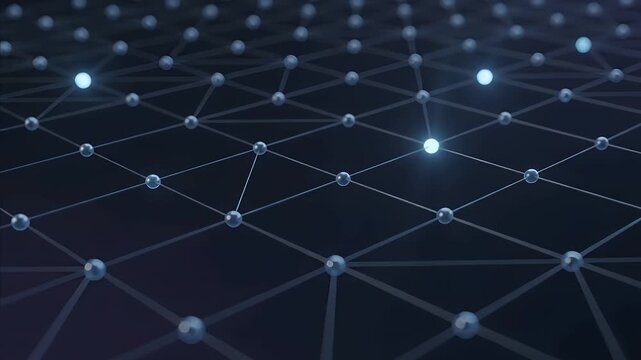Glowing spheres interconnected lines form a digital geometric structure ideal for tech, data science, network communication concepts. Suitable for presentations, websites, designs.