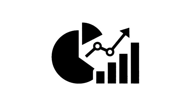 Minimal black silhouette icon, simple flat vector, bold black shape, no, no shading business growth icon with pie chart and bar graph on a, flat icon style
