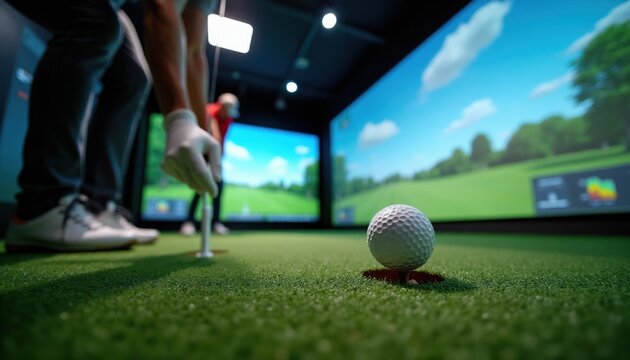 Golfer in indoor simulator places ball on tee. Virtual screen shows golf course, player practices swing. Person wears glove, uses golf club. Focus on ball, tee, and player prep.