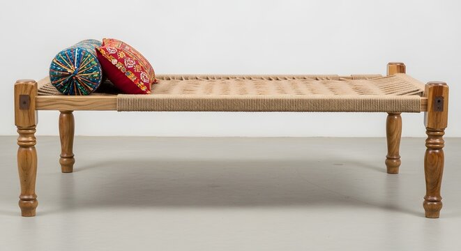 Wooden daybed with woven matting and decorative pillows in soft studio lighting