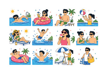 Fototapeta premium Pool Party Leisure. Summer relaxation and fun scenes. 12 minimalist editorial vector scenes: person swimming in pool, floating on inflatable ring, drinking cocktail by poolside, playing with beach