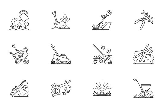 Set of gardening and lawn care maintenance line icons including lawn mower, rake, leaf blower, sprinkler, wheelbarrow, and trimming tools for landscaping services