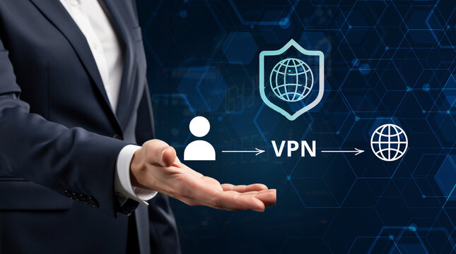 Businessman holding VPN connection diagram with user, globe shield and internet icons representing virtual private network, secure browsing, encrypted connection, online privacy, and protected interne