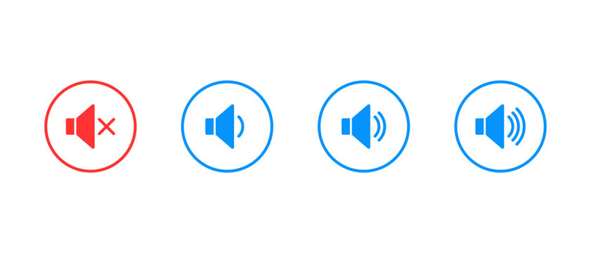 Speaker volume icon in red and blue circular outline. Audio control symbol. Mute and loudness adjustment level sign