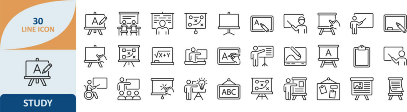 Set of academic study and education line icons for school and learning with education learning academic classroom knowledge training illustration teaching university intellectual literacy