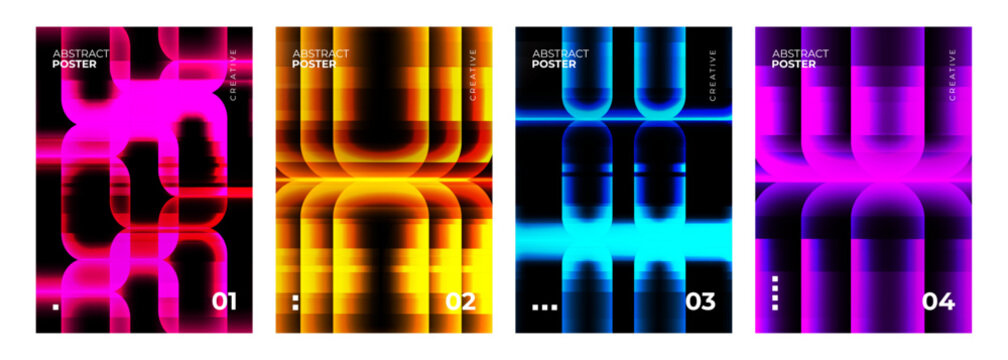 Abstract Posters Collection. Vibrant neon colored glowing gradient shapes and motion blur. Creative graphic designs. Vector illustration.
