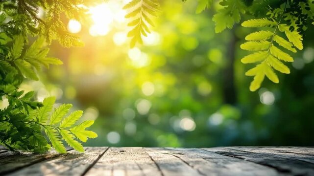 Sunlit greenery with wooden surface in lush forest setting at sunrise