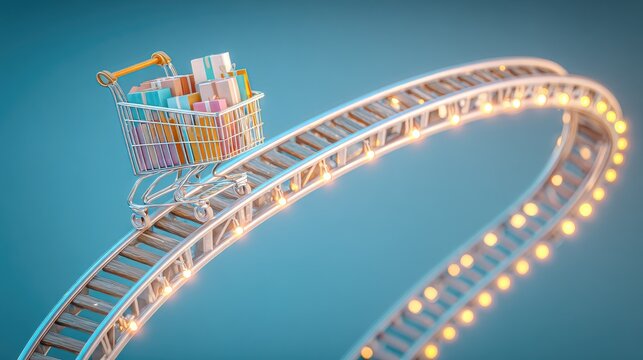 Shopping cart filled with gifts on a curved, illuminated train track