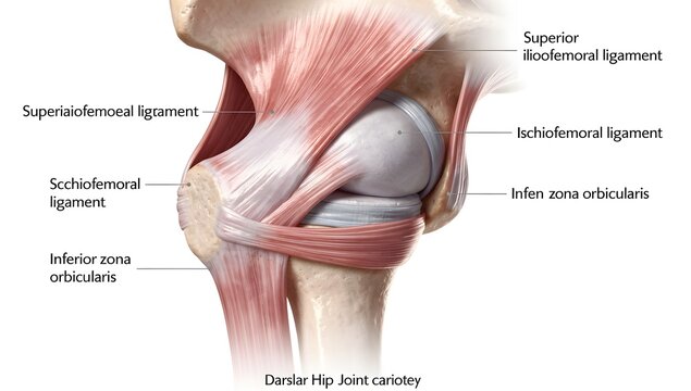 Dorsal hip capsule render emphasizing iliofemoral upper band, ischiofemoral center, zona orbicularis lower ring.