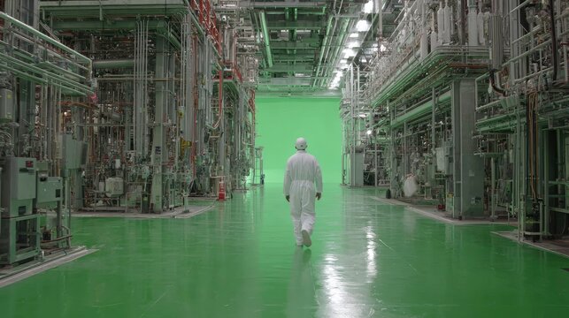 Industrial interior, worker in protective suit, green screen