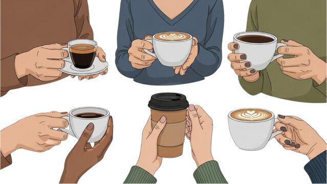 Friends gathering with hands holding coffee cups in casual meeting