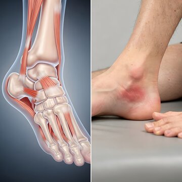 Ankle joint radiograph with painful swelling, ligament injury, and bone displacement