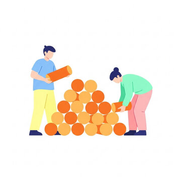Two young people stacking colorful balls on white background, concept of youth  