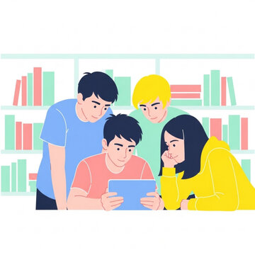 Four young friends studying together and using tablet in library  