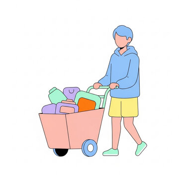 Young man pushing cart filled with colorful items on white background  