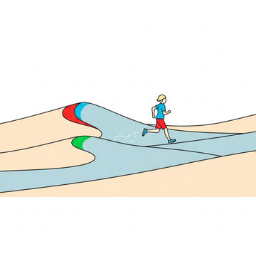 Young person jogging along colorful abstract waves in a landscape  