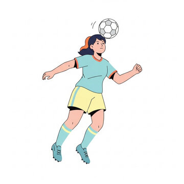Girl playing soccer and heading a ball with joyful expression  
