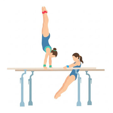 Two young gymnasts practicing on balance beam indoors  