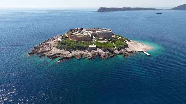 Mamula Island, Montenegro. Drone Shot of Former Fortress in Blue Adriatic Sea Water