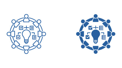 Team brainstorm and idea management icon set featuring people connected to a lightbulb with checklist symbols for collaborative project planning in a clean vector graphic design for business © SAIJID