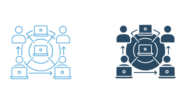 Team digital networking and laptop connectivity icon set showing collaborative central hub communication for business workflows in a clean vector graphic design for professional tech presentations