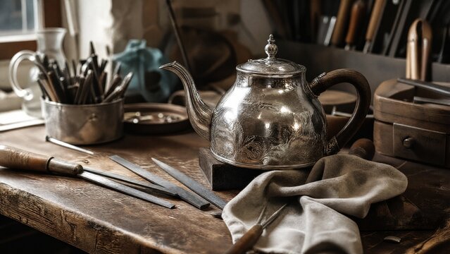 Silversmith's wooden workbench with tools and a gleaming silver teapot in progress, soft window light.