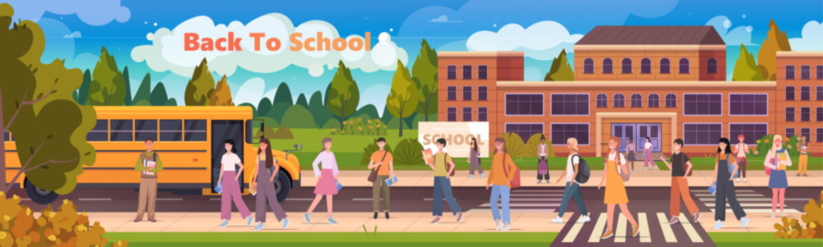 Children crossing the street on a pedestrian crosswalk on their way to school. Elementary school students returning back to school. Concept of education and learning. Vector not AI generated.