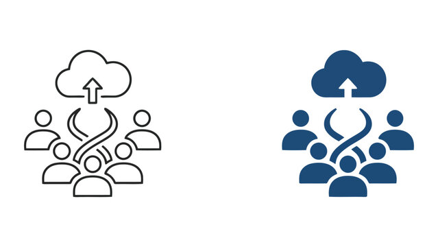 Team data upload to cloud icon set representing collaborative information sharing and infrastructure management for modern business digital systems