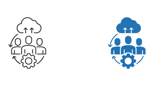 Team cloud data management icon set with gear and arrow elements showing sync and infrastructure process in modern business technology
