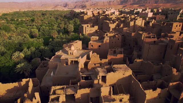 Traditional mudbrick ksar architecture in Tinghir, Draa-Tafilalet, Morocco, featuring fortified adobe dwellings, narrow alleys, defensive walls and vernacular Amazigh urban design, low forward aerial