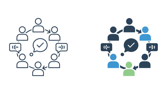 Team consensus and circular communication icon set featuring speech bubbles and checkmark for collaborative decision making and project feedback
