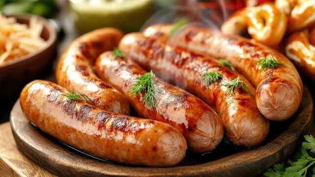 Grilled sausages with dill on wooden plate surrounded by fresh ingredients