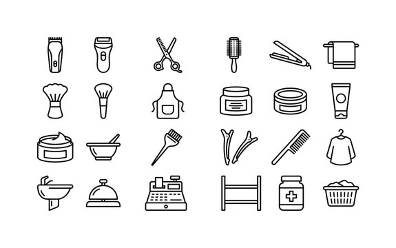 Salon Styling Station. Line icon set of barber shop: trimmer, foil shaver, thinning scissors, round brush, flat iron, hot towel, neck duster, powder brush, apron, product jar, pomade tin, gel tube,