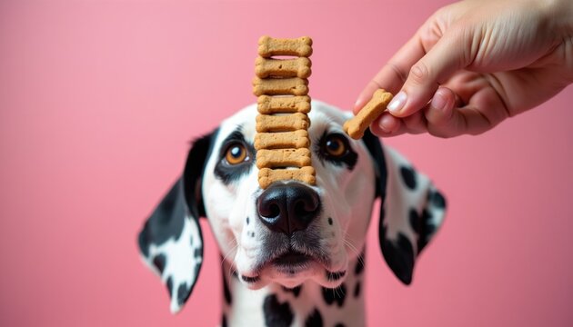 Dalmatian dog sits patiently with stack of bone shaped treats on its nose. Owner hand offers one cookie, rewarding good behavior. Canine training session with pet on pink backdrop.