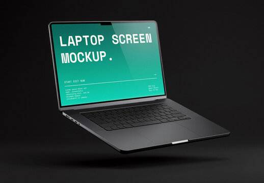 Floating Laptop Display Mockup In Dark Studio