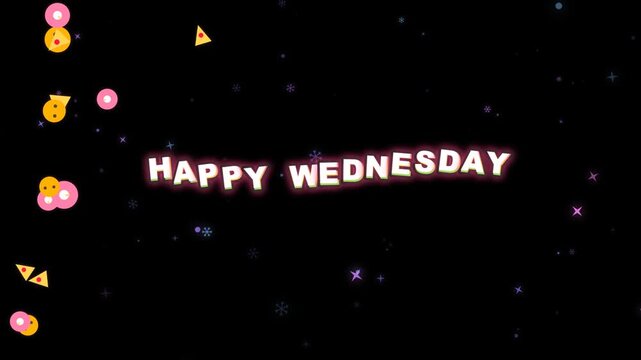Happy Wednesday text with floating donuts, smiley faces, and geometric shapes on a dark background with stars.