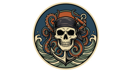 Vintage pirate skull emblem with octopus and anchor design © colorshapppy