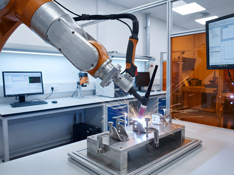 Robotic arm welding metal parts on a workbench in a modern industrial laboratory with computers and screens.
