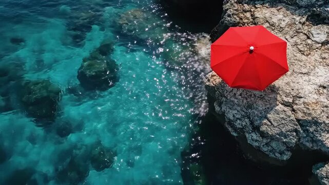 Bright red umbrella on rocky coastline with crystal clear blue water