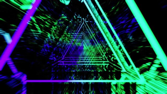 Green and purple dark triangle VJ loop animation tunnel background for party