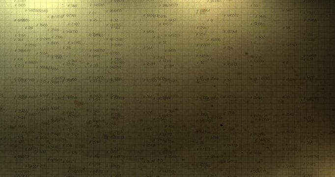 Abstract mathematical ledger background featuring rows of numeric equations, matrix grids, and physics data. Designed for educational videos, fintech analytics, and historical research concepts.