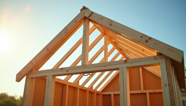 Wooden shed framing skeleton construction project outdoor under blue sky. Building new small house structure with lumber beams and roof trusses for garden storage.