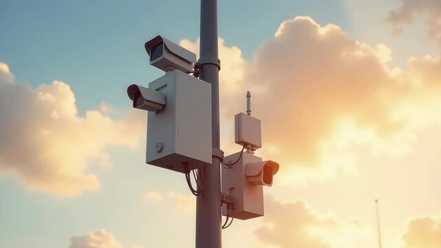 Surveillance Cameras on a Street Pole at Sunset