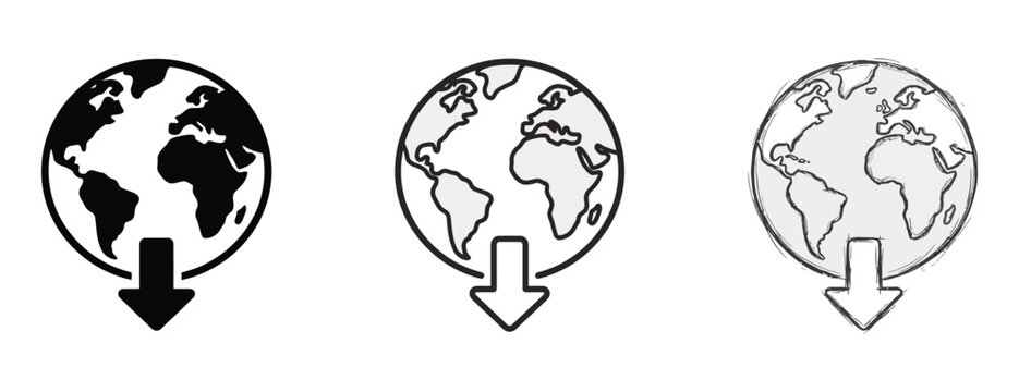 Earth globe with arrow pointing down in black and white line art styles for global concepts  earth globe icons