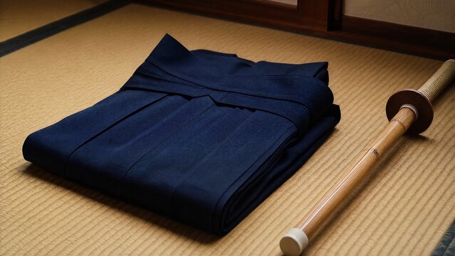 hakama. A neatly folded deep blue hakama and bamboo sword on tatami mat flooring. event programs, museum guides, designed for cultural heritage projects and event programs, supports education.